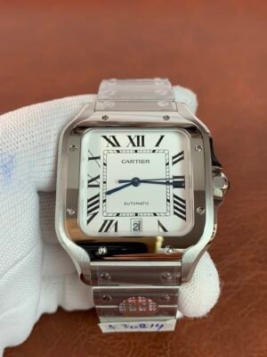 Cartier Santos De Cartier 40 Santos de Cartier WSSA0018 watch with white Roman numeral dial, square stainless steel case, and matching bracelet