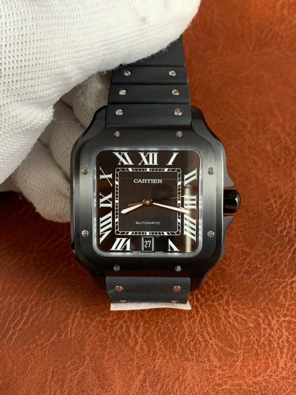 Black Santos WSSA0039-inspired men's watch with square case, black Roman numeral dial, and matching rubber strap