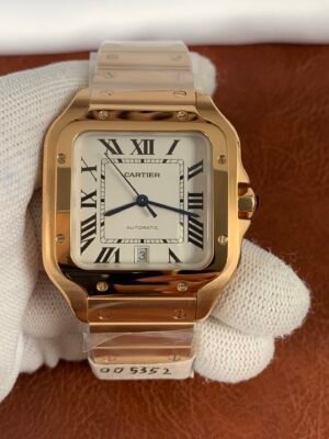 Santos de Cartier-inspired men's watch with rose-gold-color square case, white Roman numeral dial, and matching metal bracelet