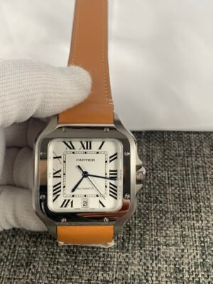 Cartier Santos De Cartier Mens WSSA0009 Santos de Cartier WSSA0009-inspired 40mm square watch with white Roman numeral dial, steel case, and brown leather strap