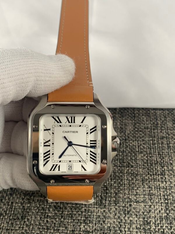 Santos de Cartier WSSA0009-inspired 40mm square watch with white Roman numeral dial, steel case, and brown leather strap