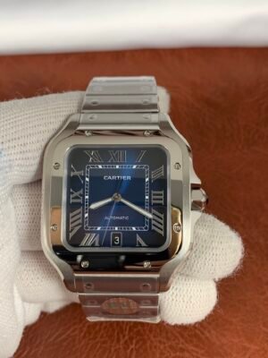 Santos de Cartier-inspired men's XL watch with blue Roman numeral dial, 40 mm square stainless steel case, and matching steel bracelet