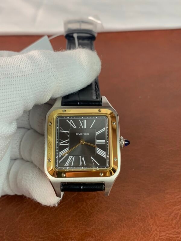 Santos de Cartier W2SA0015-inspired men's watch with white Roman numeral dial, rose-gold-tone square case, and grey leather strap