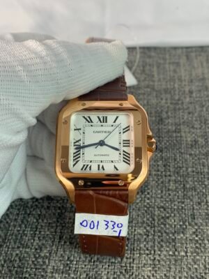 Santos de Cartier WGSA0012-inspired 35mm rose gold-tone square watch with white Roman numeral dial and grey leather strap