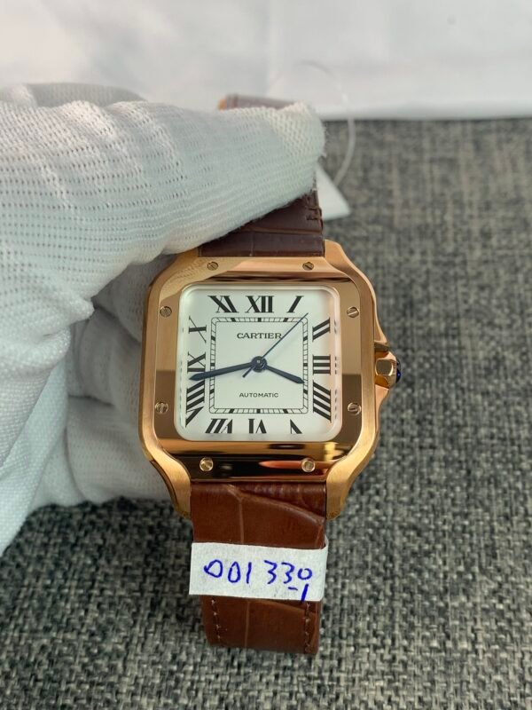 Cartier Santos De Cartier WGSA0012 Santos de Cartier WGSA0012-inspired 35mm rose gold-tone square watch with white Roman numeral dial and grey leather strap