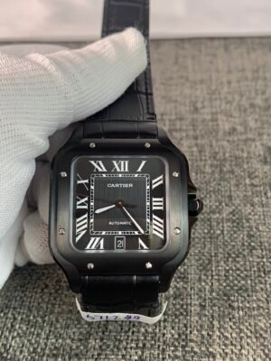 Cartier Santos de Cartier 40 WSSA0039-inspired men's watch with black Roman numeral dial, square black case, and black rubber strap