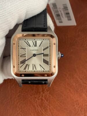 Santos Dumont W2SA0012-inspired men's watch with silver Roman numeral dial, slim square steel-tone case, and black leather strap