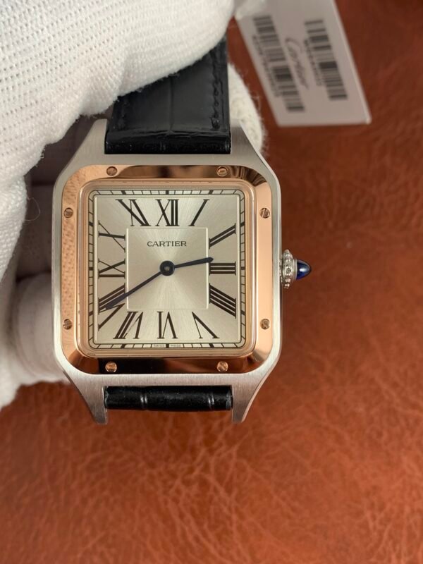 Santos Dumont Large W2SA0012 watch with silver Roman numeral dial, square steel-coloured case, and black leather strap
