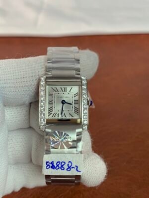 Tank Française 20 W4TA0008-inspired women's watch with white Roman numeral dial, rectangular steel case, and matching bracelet