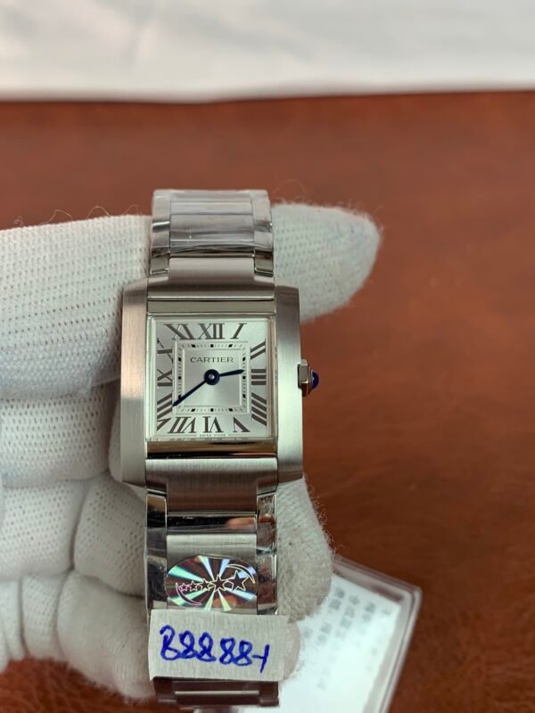 Cartier Tank Française 25 WSTA0005 Tank Française WSTA0005-inspired women's watch with white Roman numeral dial, rectangular stainless steel case, and matching steel bracelet