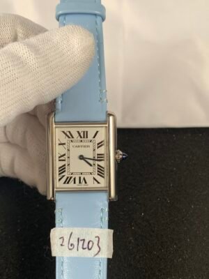 Cartier Tank Must Large Solar WSTA0072 Tank Must Small WSTA0072-inspired women's watch with a white Roman numeral dial, rectangular steel case, and black leather strap