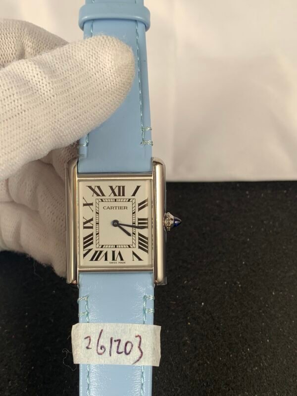 Tank Must Small WSTA0072-inspired women's watch with a white Roman numeral dial, rectangular steel case, and black leather strap