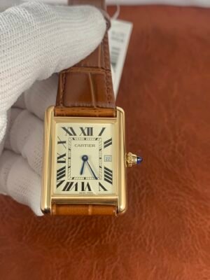Cartier Tank W5200025 Tank Solo-inspired men's watch with white Roman numeral dial, rose-gold-tone rectangular case, and brown leather strap
