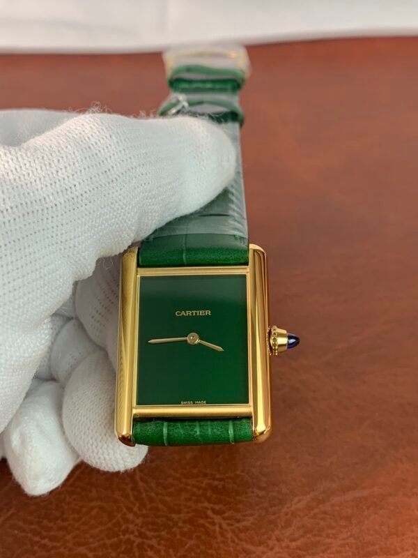 Cartier Tank WGTA0191 Green Tank Must WGTA0191-inspired women's watch with minimalist black dial, rectangular steel case, and black leather strap