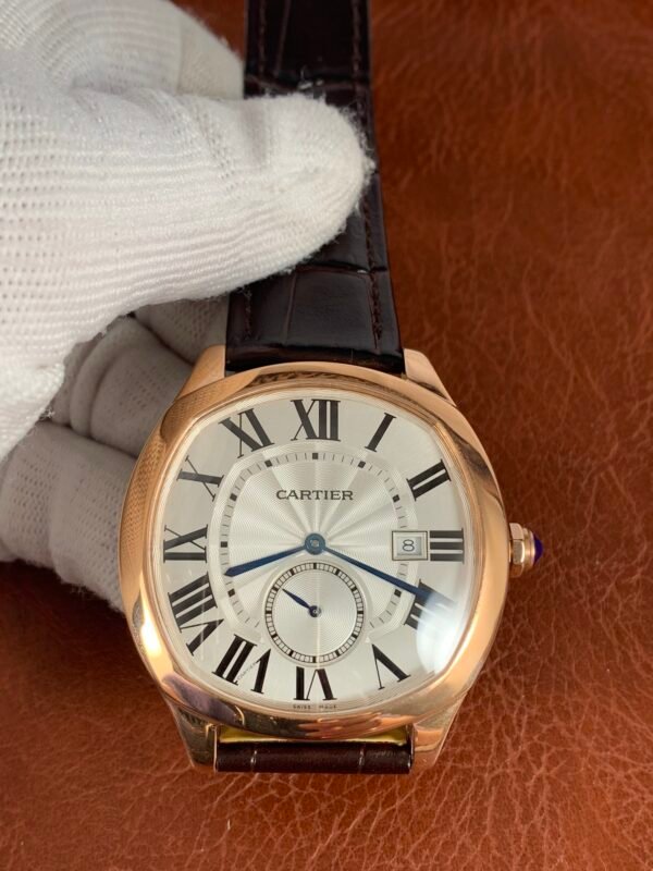 Drive De Cartier WGNM0003 Drive de Cartier-inspired men's watch with white Roman numeral dial, rose-gold-tone round case, and brown leather strap