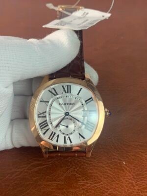 Drive de Cartier-inspired men's watch with rose-gold-tone case, white Roman numeral dial, and brown leather strap