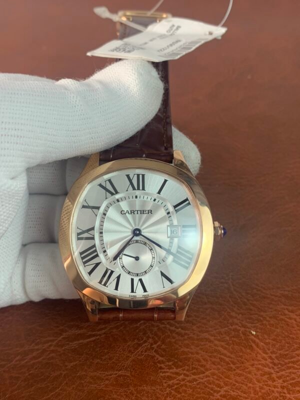 Drive de Cartier-inspired men's watch with rose-gold-tone case, white Roman numeral dial, and brown leather strap