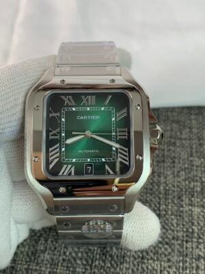 Cartier Santos De Cartier Smoky Green WSSA0062 watch with green dial, Roman numeral markers and stainless steel bracelet