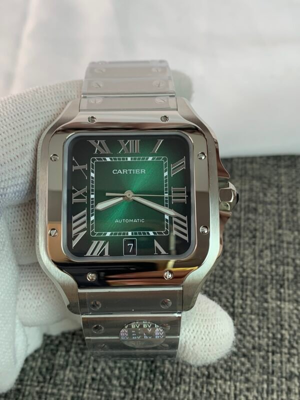 Replica Cartier Santos De Cartier Smoky Green Cartier Santos De Cartier Smoky Green WSSA0062 watch with green dial, Roman numeral markers and stainless steel bracelet