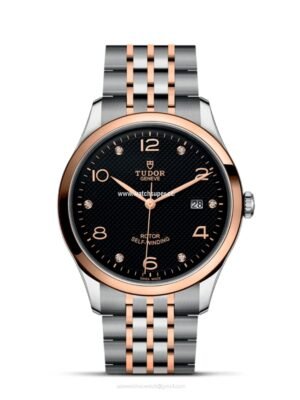 Tudor 1926 M91651-0004 replica watch with black dial and rose-gold-tone two-tone bracelet
