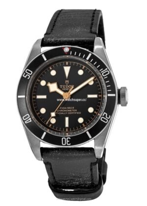Tudor Black Bay 41 M79230N-0008 replica watch with black dial, black bezel and leather-style strap