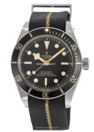 Tudor Black Bay Fifty-Eight M79030N-0003 replica watch with black dial, black bezel and striped fabric-style strap