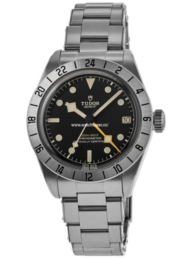Tudor Black Bay Pro M79470-0001 replica watch with black dial, yellow GMT-style hand and steel-look bracelet