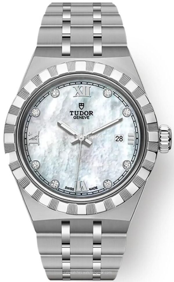 Tudor Royal M28300-0005 replica watch with white mother-of-pearl-style dial and steel-look bracelet