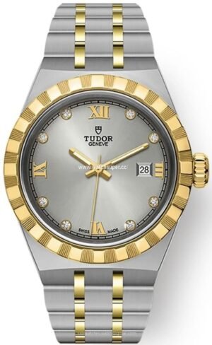 Tudor Royal M28303-0002 replica watch with silver dial, diamond-style markers and two-tone bracelet