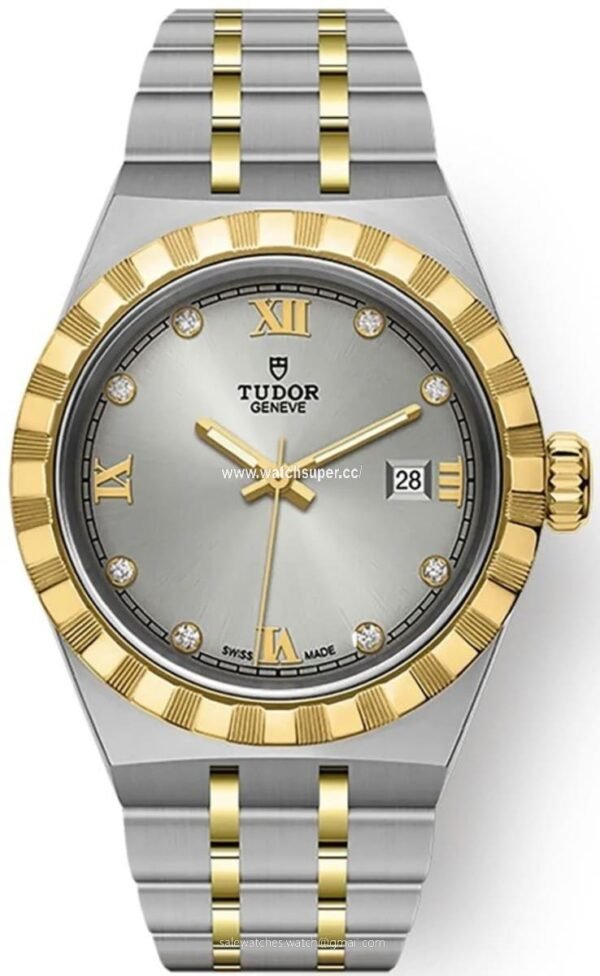 Tudor Royal M28303-0002 replica watch with silver dial, diamond-style markers and two-tone bracelet