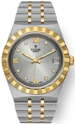 Tudor Royal M28403-0002 replica watch with silver dial, diamond-style markers and two-tone bracelet