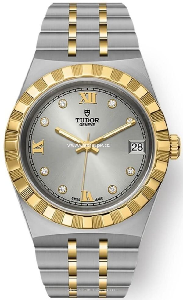 Tudor Royal M28403-0002 Yellow Gold Tudor Royal M28403-0002 replica watch with silver dial, diamond-style markers and two-tone bracelet