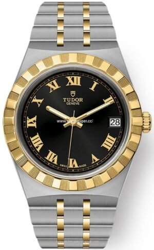Tudor Royal M28403-0003 replica watch with black dial, yellow-gold-look bezel and two-tone bracelet