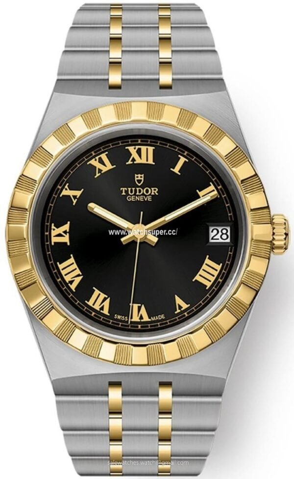 Tudor Royal M28403-0003 Yellow Gold Tudor Royal M28403-0003 replica watch with black dial, yellow-gold-look bezel and two-tone bracelet