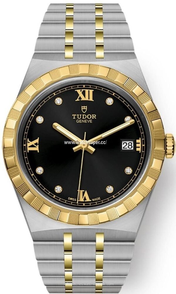 Tudor Royal M28503-0004 replica watch with black dial and two-tone gold-style bracelet