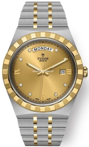 Tudor Royal M28603-0006 replica watch with champagne dial, diamond-style markers and two-tone bracelet