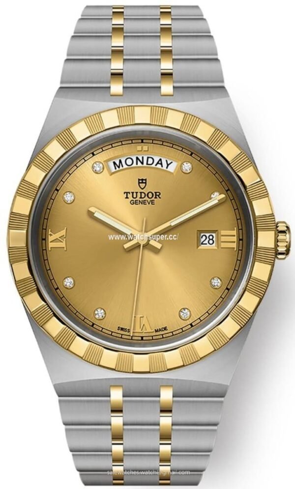 Tudor Royal M28603-0006 Yellow Gold Tudor Royal M28603-0006 replica watch with champagne dial, diamond-style markers and two-tone bracelet