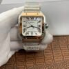 Santos de Cartier W2SA0007-inspired women's watch with white Roman numeral dial, two-tone steel and yellow-gold-tone case, and brown leather strap