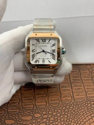 Santos de Cartier W2SA0007-inspired women's watch with white Roman numeral dial, two-tone steel and yellow-gold-tone case, and brown leather strap