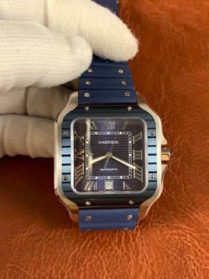 Santos de Cartier WSSA0048_S800AW4S-inspired men's watch with blue Roman numeral dial, square steel case, and blue rubber strap