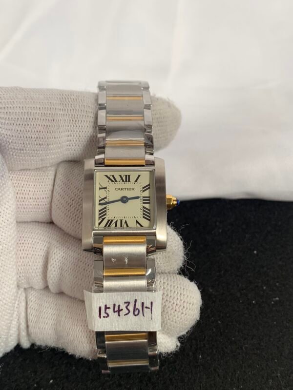 i1681307313_521_2 Tank Française W51007Q4-inspired women's watch with rectangular stainless steel case, white Roman numeral dial, and steel bracelet