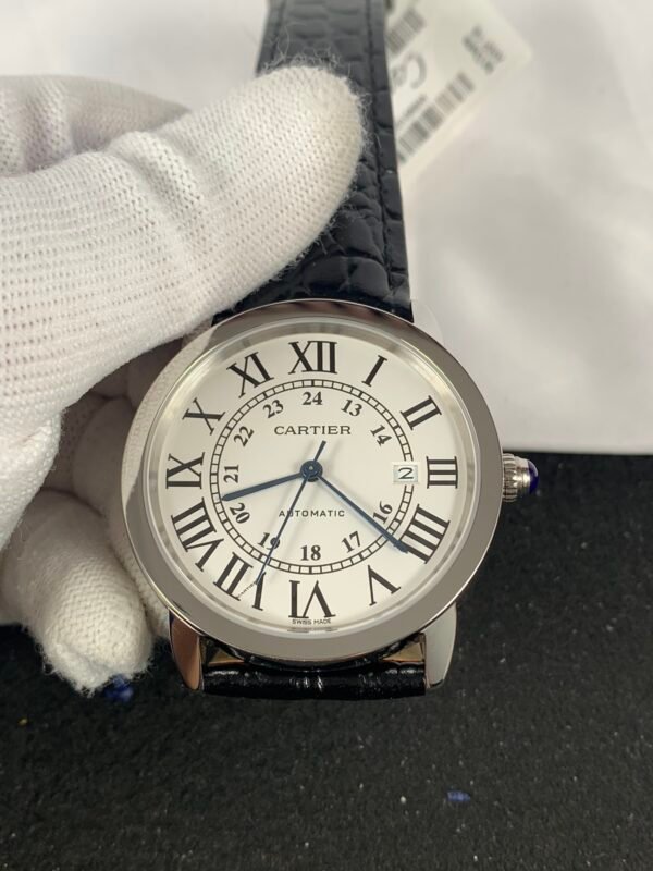 Cartier Rotonde WSRN0022-inspired men's watch with white Roman numeral dial, 42 mm rose-gold-tone case, and brown leather strap