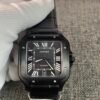 Santos de Cartier WSSA0039-inspired men's watch with black Roman numeral dial, square black case, and black rubber strap