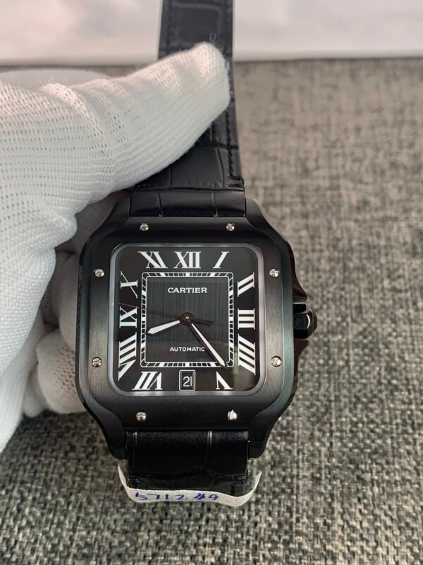 Santos de Cartier WSSA0039-inspired men's watch with black Roman numeral dial, square black case, and black rubber strap